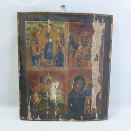 Деревянная икона с образами святых, обветшалое состояние, размеры 30х25см